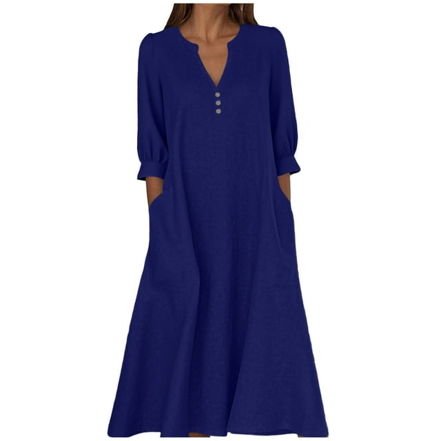 Wdfiry Robe en Coton et Lin pour Femmes Couleur Unie Col Cranté Manches Bouffantes Robe Grande Taille Ample Manches 3/4 Midi