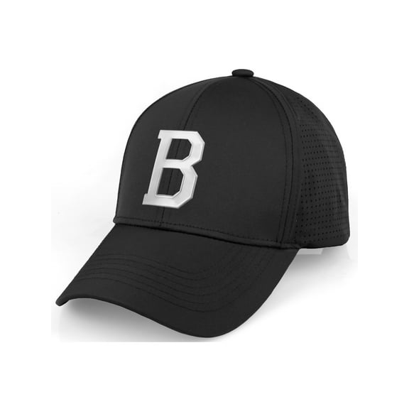 Daxton Performance Cool Tech Baseball Hat - Black Cap, Silver Logo Letter B