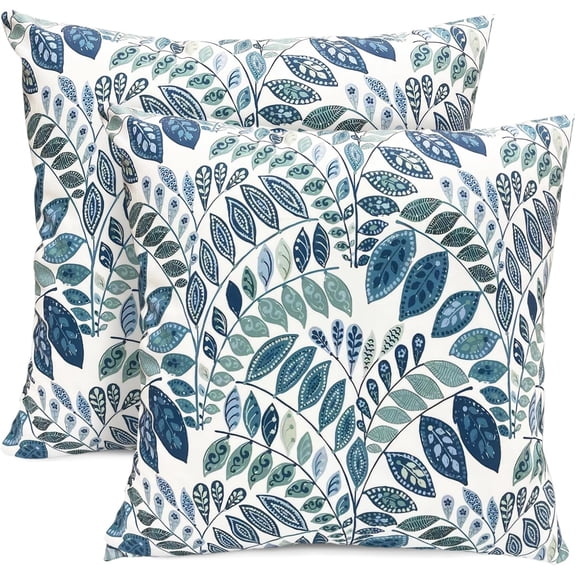 Decorative Throw Pillow Covers 16x16 inch Set of 2, Super Soft Blue Green Small Leaves Farmhouse Pillow Cases Outdoor Pillow Covers for Couch Sofa Bed Living Room Home Decor Cushion Covers