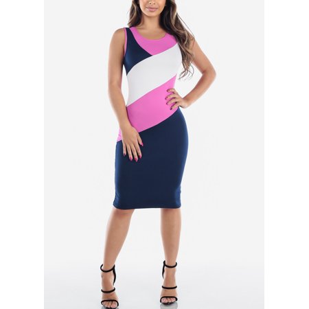 Womens Juniors Sexy Casual Everyday Summer Tight Fit 2019 New Bodycon Stripe Pink White And Navy Knee Length Pencil Midi Dress (Best Midi Dresses 2019)