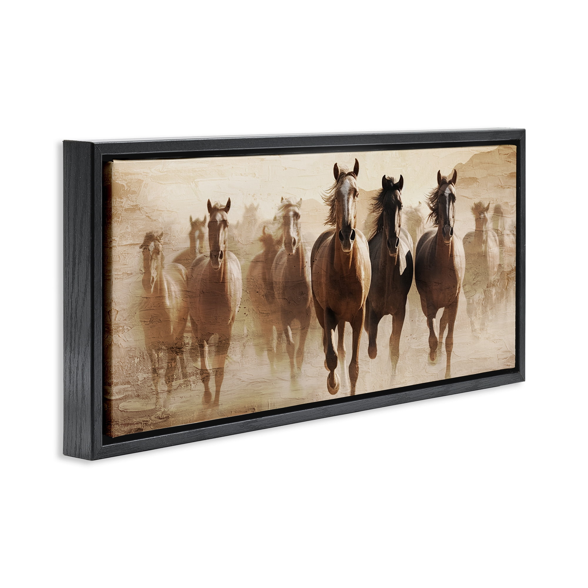 Stupell Industries Rustic Layered Gallop Animals Painting Black Floater Framed Canvas Art Print Wall Art, 31 x 14