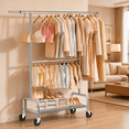 thumbnail image 3 of 660 lbs Heavy Duty Clothes Rack with Wheels and Adjustable Double Rods Stainless-Steel Garment Rack with Shelf and Adjustable Height Clothes Drying Rack, 63"L×78"H×16.54"W, 3 of 12