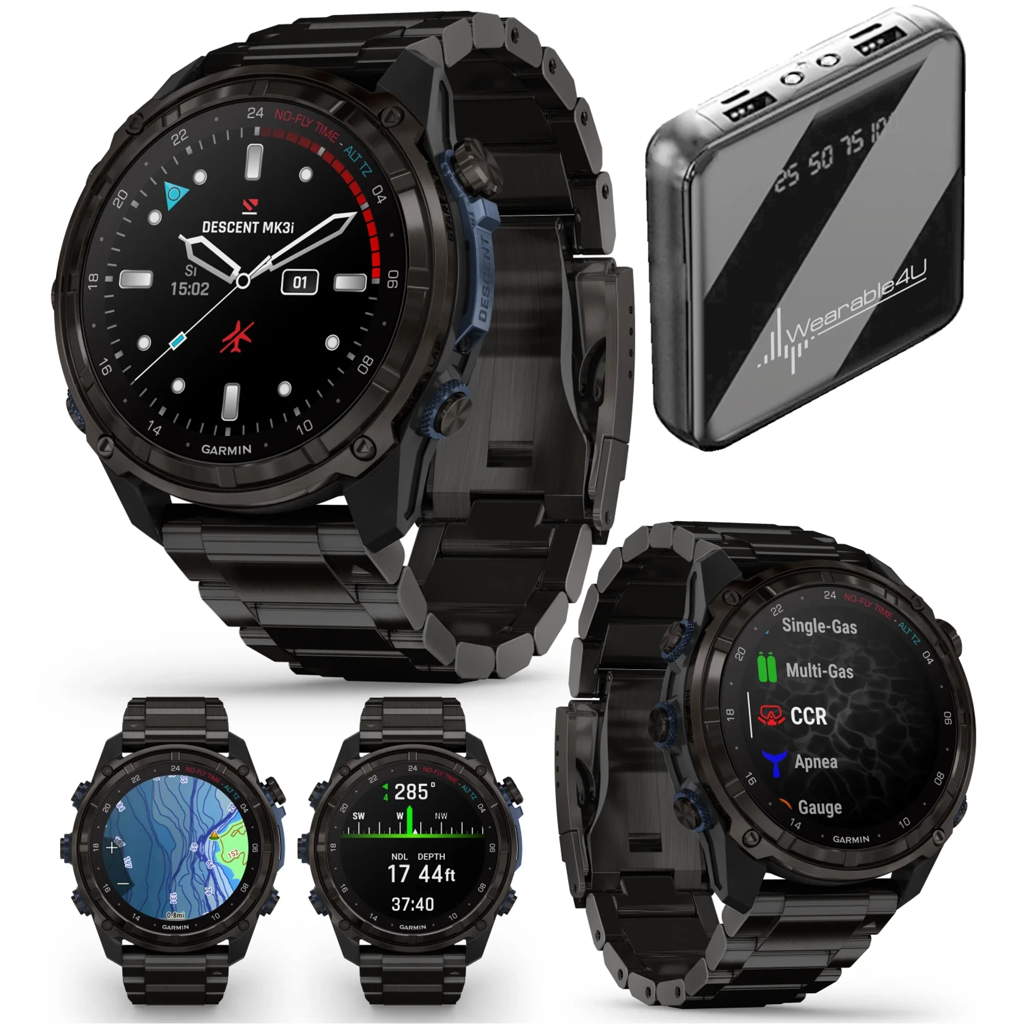 Garmin Descent Mk3i 51 mm Titanium Dive Computer +Extra-Long Strap, AMOLED Display, GPS Smartwatch & Wearable4U Gift Bundle (010-02752-13)