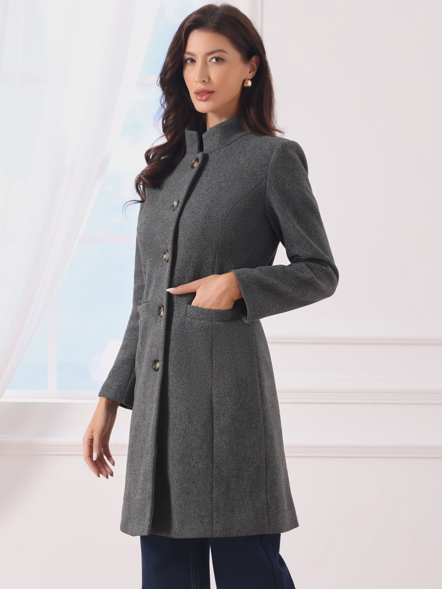 DARING DIVA Women's Stand Collar Mid-Length Overcoat with Pockets M Grey
