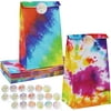 24 PCS Tie Dye Gift Bags, Candy Goodie Paper Bags with Sickers, Colorful Treat Bags for Kids Birthday Party Favor Wrap