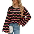 thumbnail image 6 of HGYCPP Women Long Sleeve Crop Top Striped Crochet Knit Pullover Loose Shirts Streetwear, 6 of 19