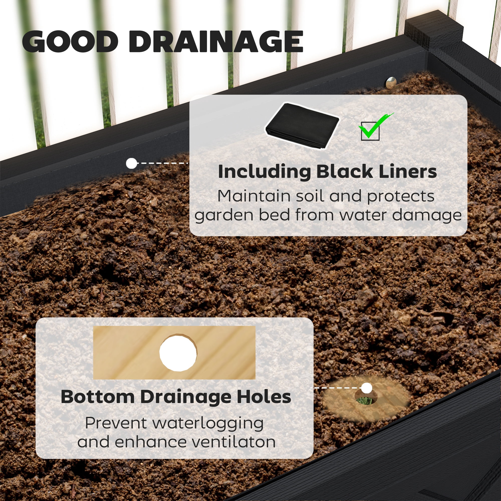 Elevated Wood Planter Box, Raised Garden Bed with Storage Shelf, Drainage Holes and Liner