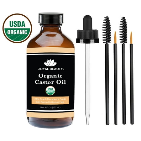 Castor Oil (4 OZ) USDA Organic 100% Pure Cold-Pressed Hexane-free for Hair Growth, Eyelashes, Eyebrows and Skin by Joyal