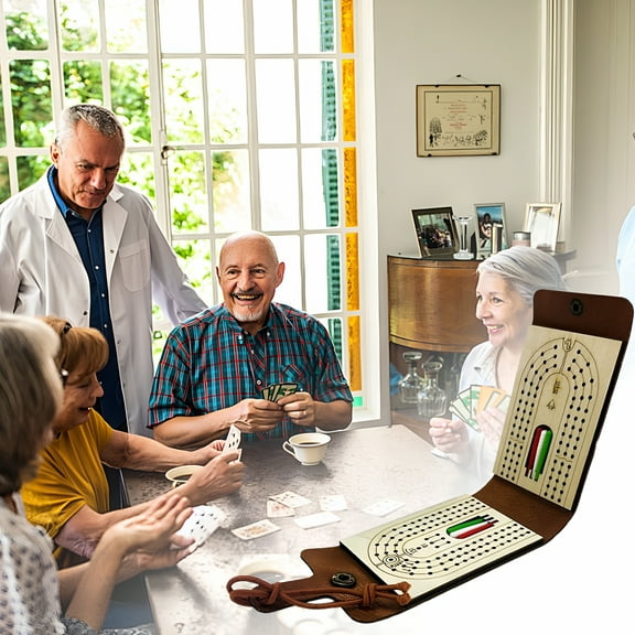 BESTSKY Portable Foldable Cribbage Board Game Set - Leather Case with Storage Area - Includes 61 Playing Cards & Instructions - Ideal Travel Cribbage Board for Enthusiasts