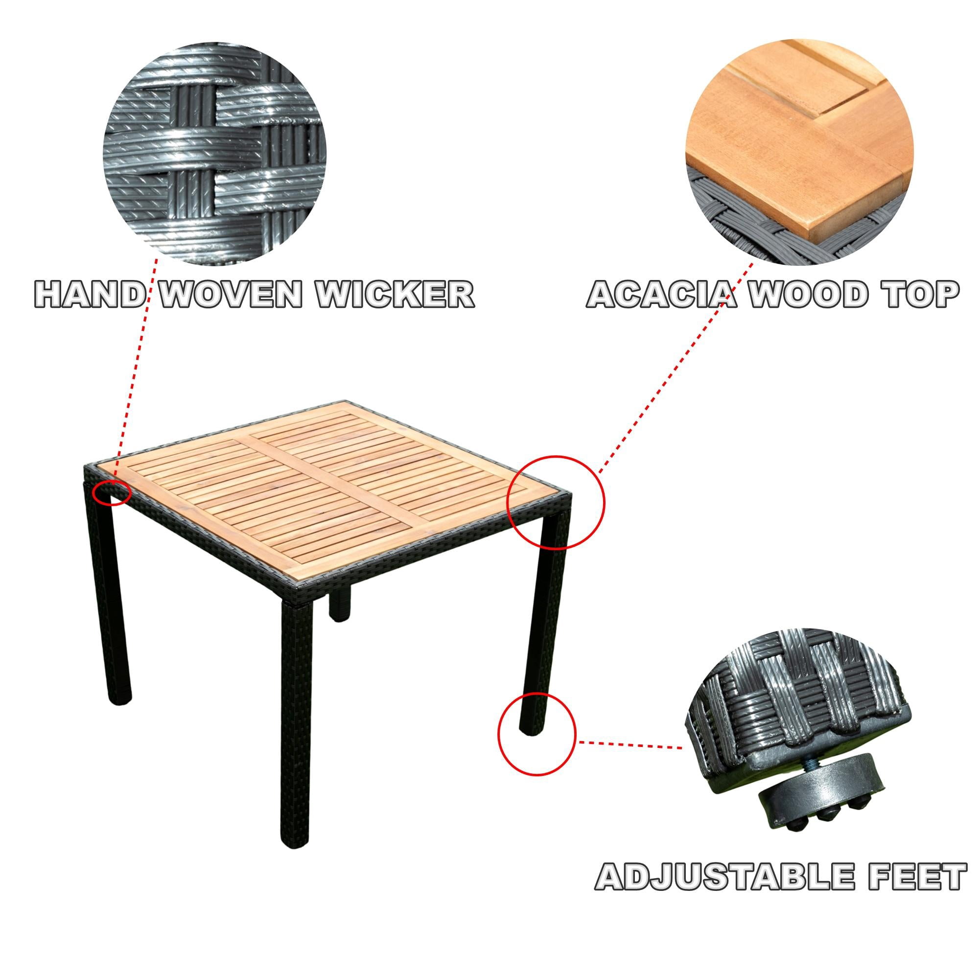 Seizeen Outdoor Dining Table Set 5 Pieces, Patio Rattan Dining Table & Chair w/ Wooden Top & Padded Cushions, Deck Furniture Conversation Set for Garden Porch Backyard