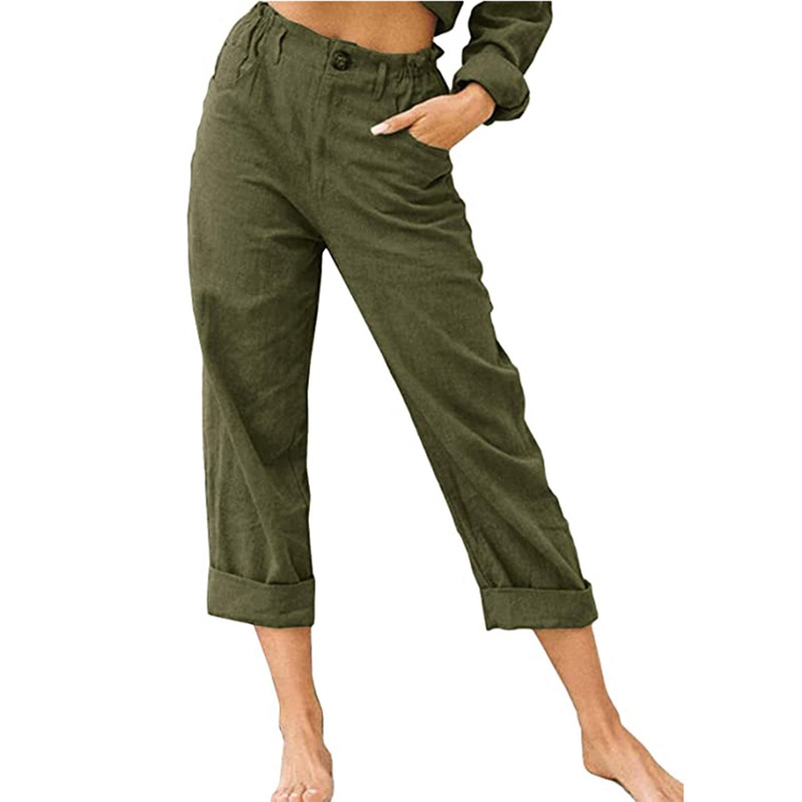 Summer Capri Pants for Women, Women's Cotton Linen Button Cropped Pants ...