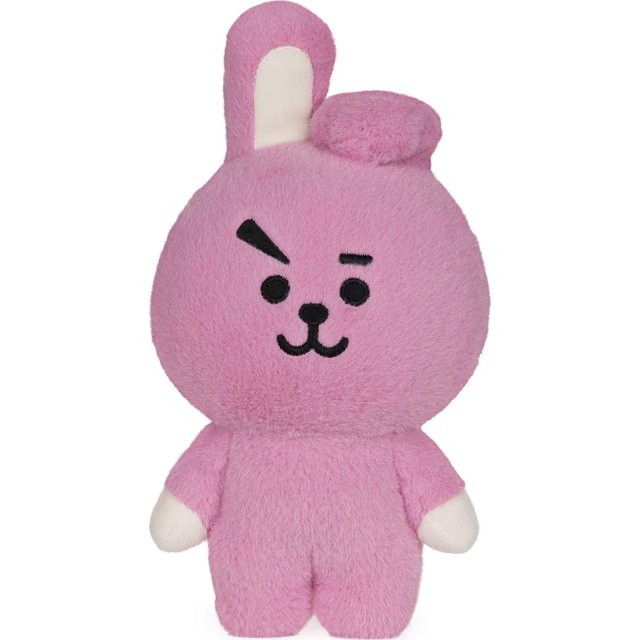 conejo cooky bt21 de peluche gund line friends stuffed animal 7pulg felpa suave infantil rosa Lila, vista frontal centrada de peluche de 7 pulgadas (18 cm) con silueta redonda, oreja larga y mechón superior; rostro bordado con ceja levantada, ojos y boca negros, brazos y patas cortos y felpa lavable. Ideal para colección o regalo para fans de GUND.