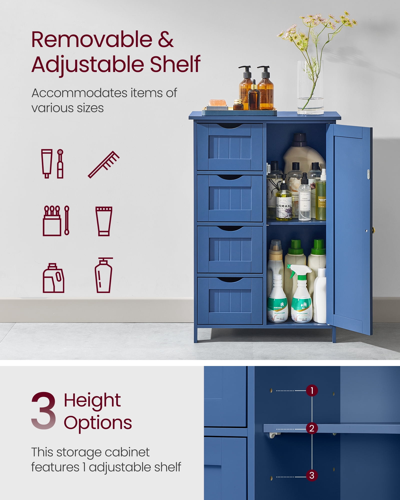 VASAGLE Storage Cabinet with Drawers, Freestanding Floor Cabinet with Door, 11.8 x 21.7 x 32.3 Inches, Adjustable Shelf, Bihou Blue
