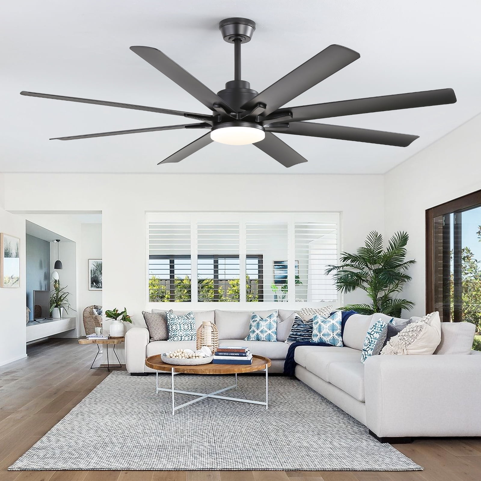 Sofucor 66" Modern Black Ceiling Fan with LED Light, Phone App, Remote, and Voice Control
