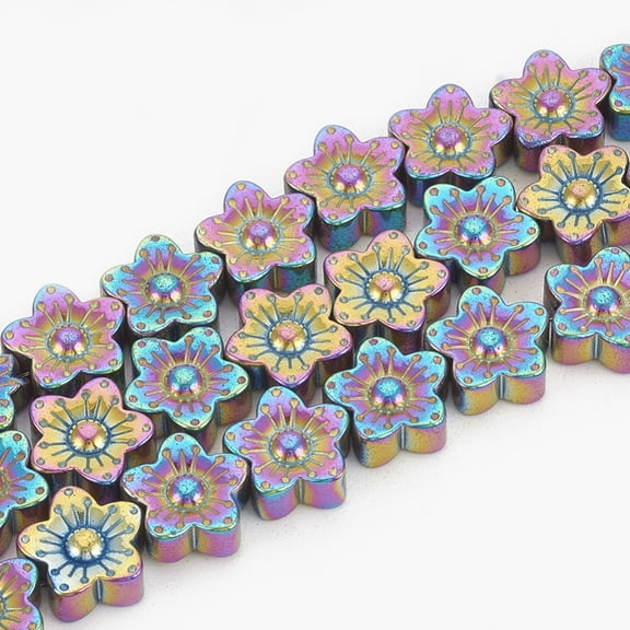 Electroplate Non-magnetic Synthetic Hematite Beads Strands Flower Multi-color Plated 10x10x4mm Hole: 1mm about 45pcs/strand 16.5 inch
