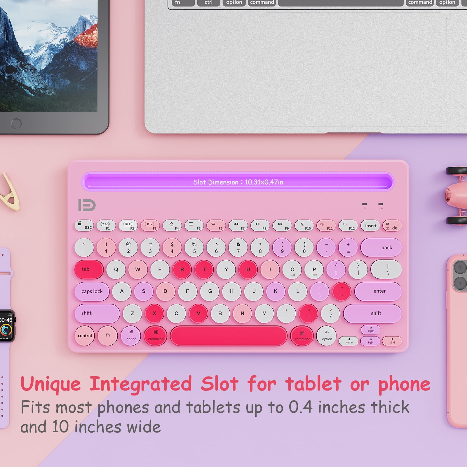 Wireless Keyboard Multi-Device, Bluetooth and 2.4G Dual Mode, Switch to 3 Devices for Cellphone, Tablet, PC, Smart TV, iOS Android Windows, Pink