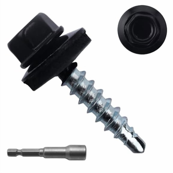 300pcs #10 x 1 Black Hex Head Self-Drilling Metal Roofing Screws, EPDM Washer, Colored Head, Wood Screws, Sheet Metal Roof Screw with Hex Driver Bit