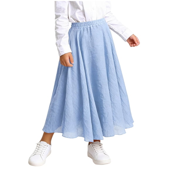 LNWUY Girl's Cotton Long Maxi Skirts Flowy Ruffle Elastic Waist Casual Solid Color Long Skirt Blue 8-9 Years