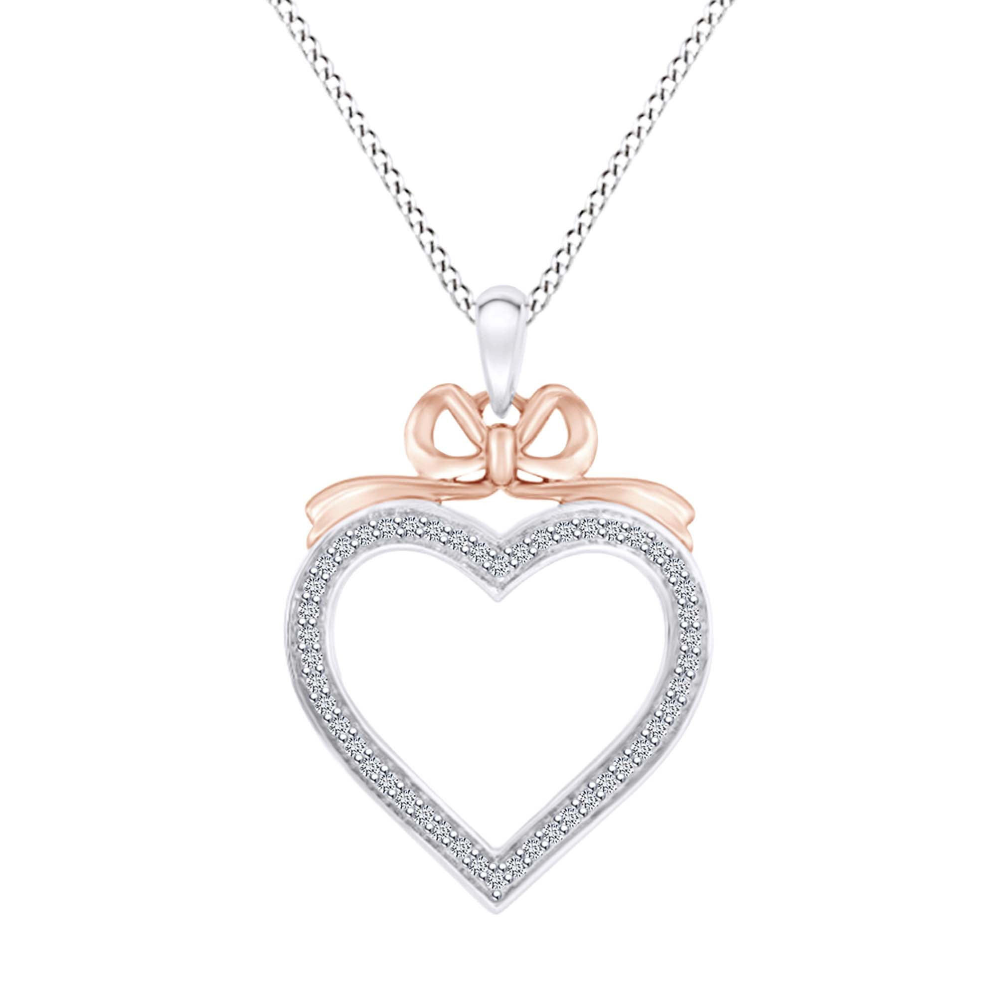 Valentine Day Gift 1/5 Ct Round Natural Diamond Two Tone Bow Heart Pendant Necklace 925 Sterling
