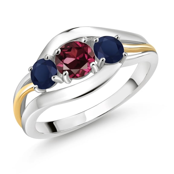 Gem Stone King 925 Sterling Silver and 10K Yellow Gold Round Red Rhodolite Garnet and Blue Sapphire 3 Stone Ring for Women (1.30 Cttw, Size 9)