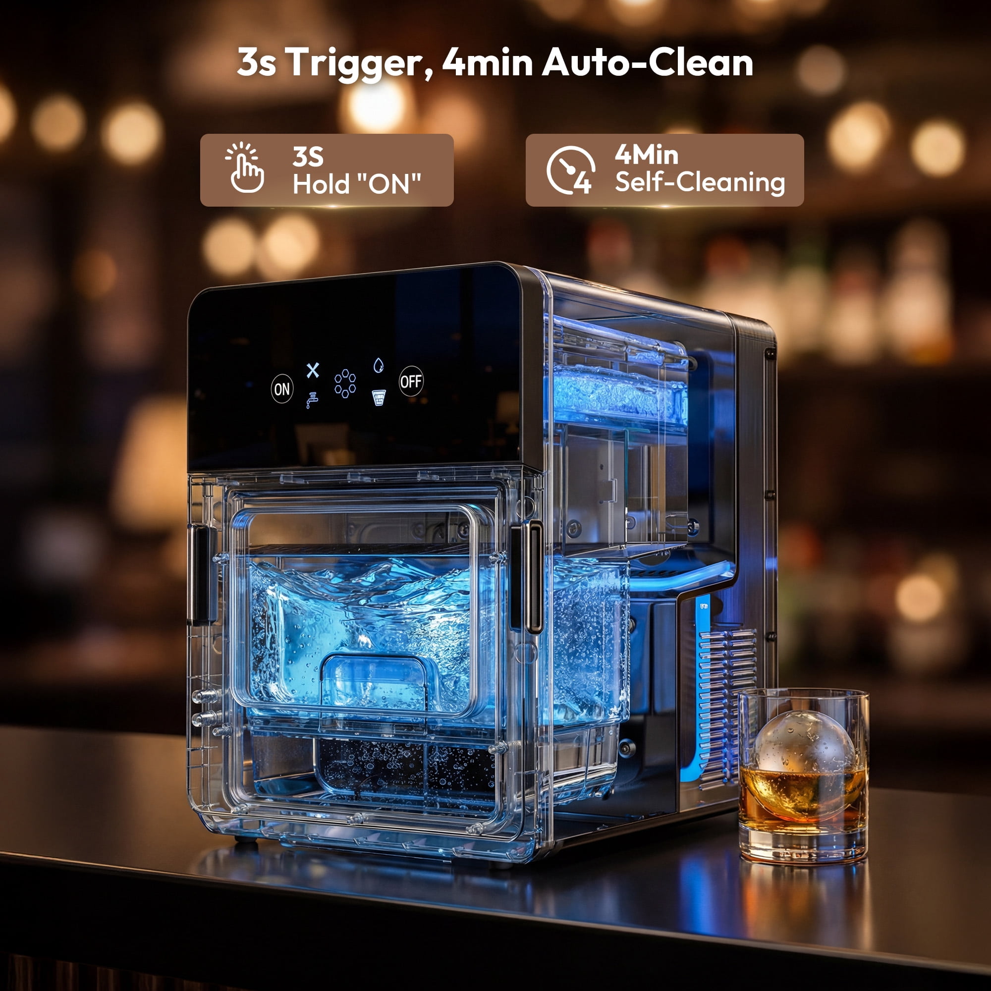 Simzlife Sphere Ice Machine, 108 Pcs/Day, 2.4" Crystal Clear Ice Ball Maker with Self-Cleaning & Timer, Large Capacity Ice Maker for Home Bar, Whiskey & Cocktails