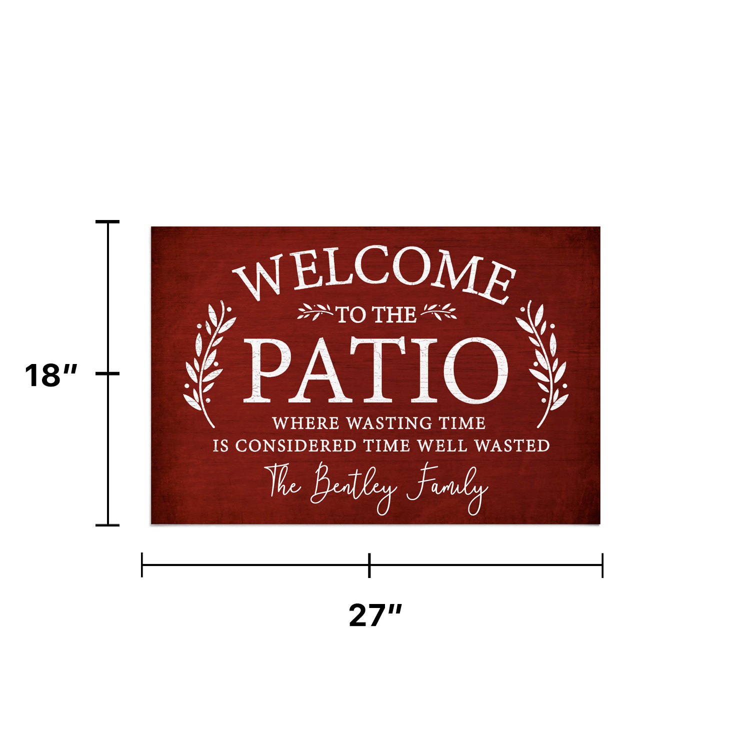 Personalized Planet 27x18 Welcome To The Patio Where Wasting Time is Considered Time Well Wasted Doormat with Custom Name Printed on Red Rectangular 1/4” Thick Non Slip Mat