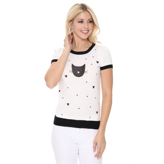 YEMAK Women's Kitty Cat Face Casual Short Sleeve Pullover Sweater MK3182-BLACK-L (S-L)