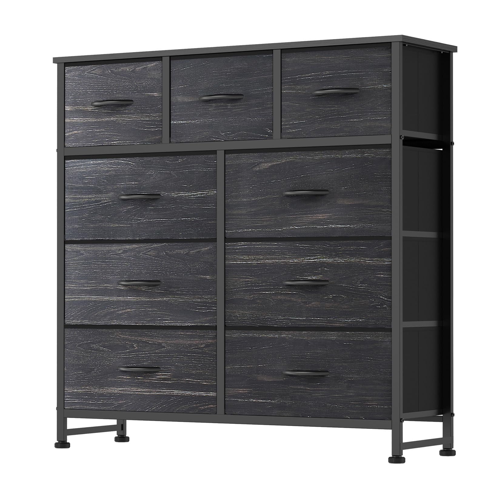 Telyra 9-Drawer Fabric Dresser Tall Storage Tower with Wood Top and Steel Frame Bedroom Closet Organizer, Black Wood Grain