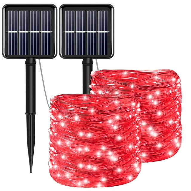 YAOZHOU Guirnaldas de luces navideñas solares rojas Decoraciones impermeables para exteriores 100 LED (paquete de 2) 8 modos Guirnaldas de luces de cobre Luces de hadas para el día de San Valentín Jar