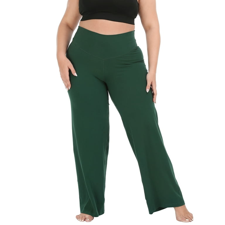 HDE Women's Plus Size Yoga Pants High Waisted Wide Leg Leggings Dark Green  1X