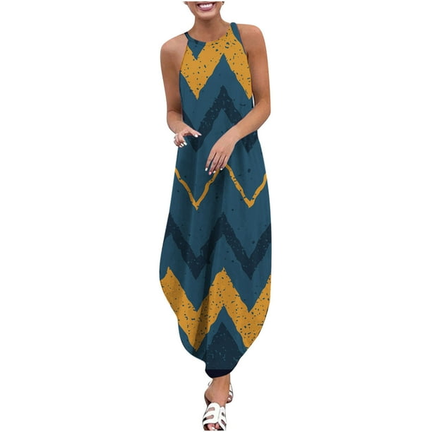Vestido de verano para mujer, informal, sin mangas, cuello halter, tirantes, falda, abertura, maxivestido estampado Pompotops ghjkhdj2407