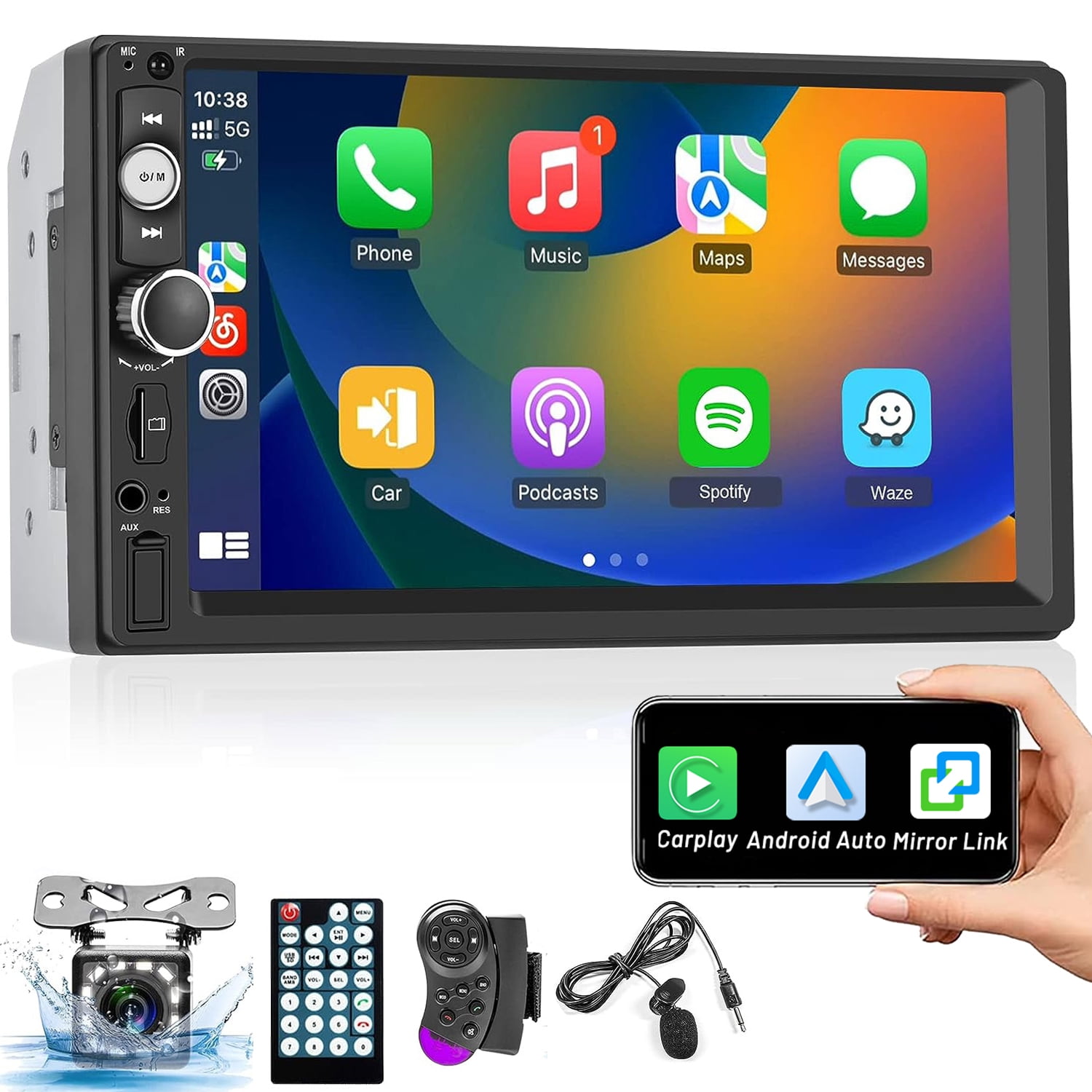 Podofo Double 2 Din 7" Touchscreen Car Stereo Radio Apple Carplay Android Auto Mirror Link Bluetooth FM Car Multimedia Player USB TF AUX,with Backup Camera&Mic&SWC