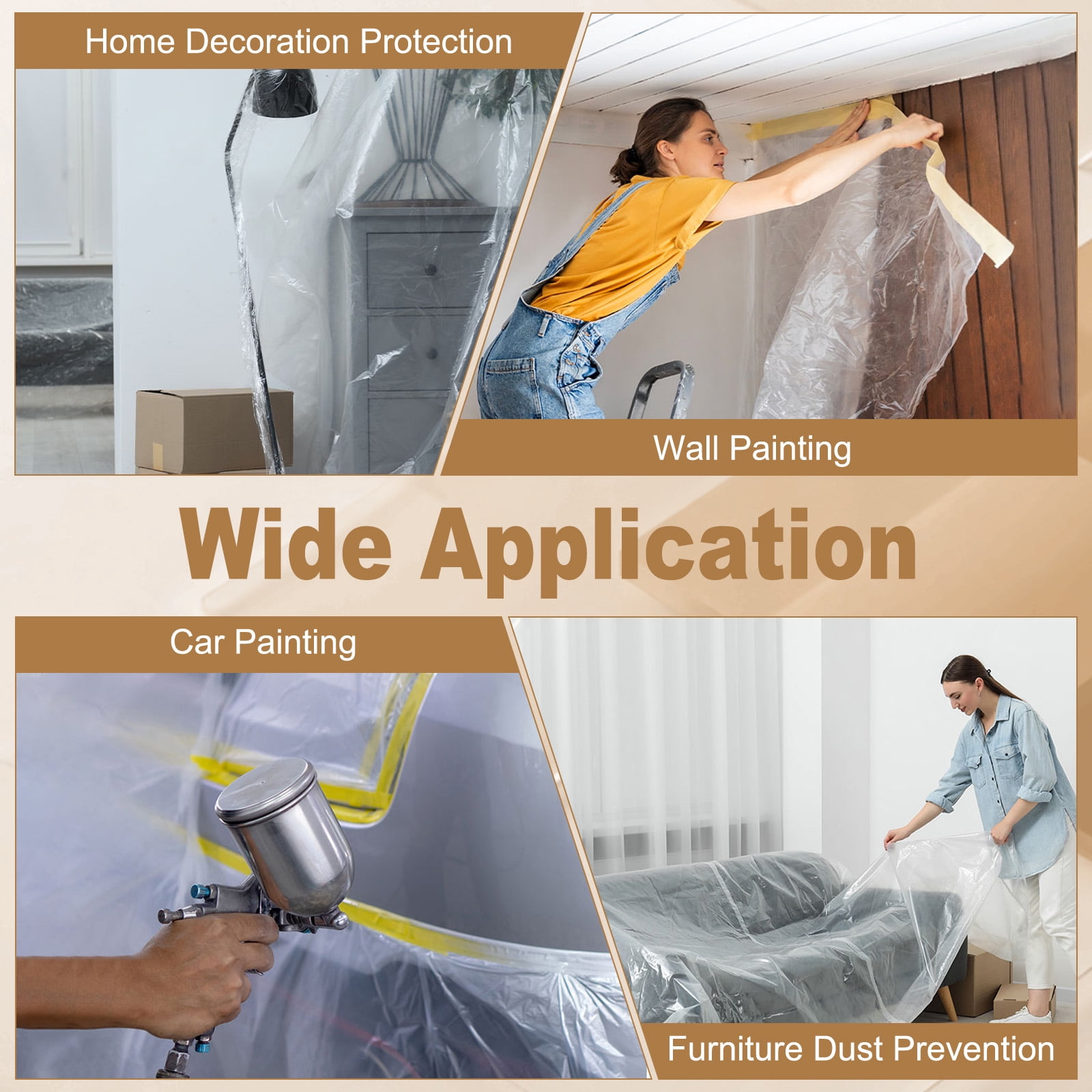 Uxcell 2pcs Pre-Taped Masking Film 82.7"x65ft Adhesive Tape and Drape Painters Plastic Drop Cloth Film with Tapes Plastic Sheeting for Automotive Painting Covering, Clear