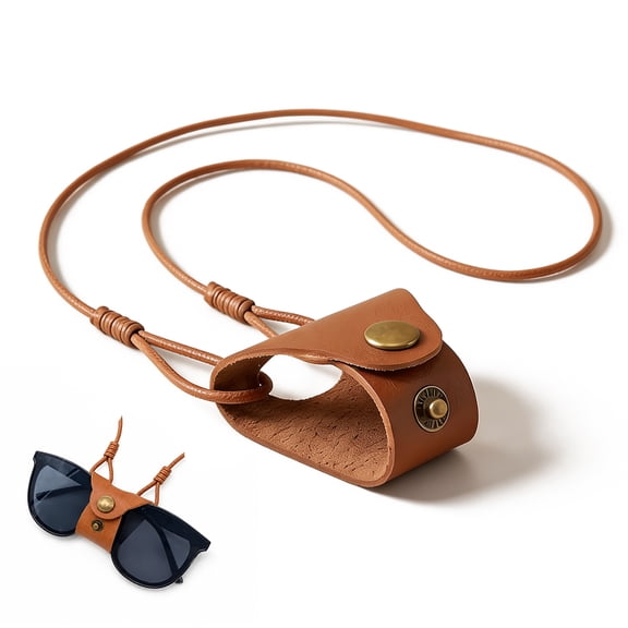 Leather Eyeglass Holder with Adjustable Neck Strap - 2 in 1 Sunglasses Case and Retainer Chain - Portable Glasses Pouch with Snap Closure - Handmade Vintage Eyewear Holder for Men Women