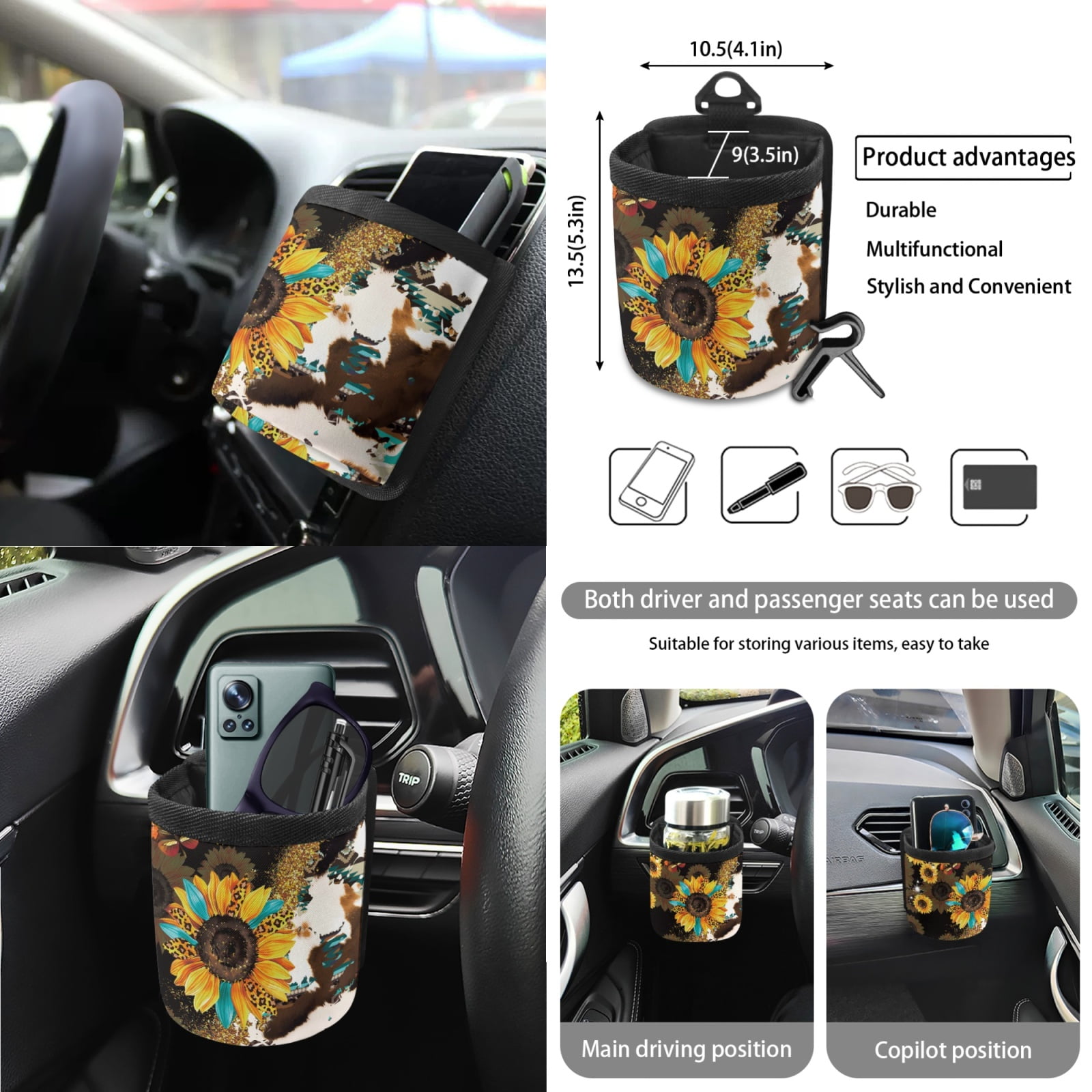 Garronmavis Aztec Sunflower 15 Pack Car Accessories Sets 4 Pieces Car Seat Covers Steering Wheel Cover Keychain Car Trash Bag Car Pouch Organizer Auto Rear View Mirror Covers Car Coasters