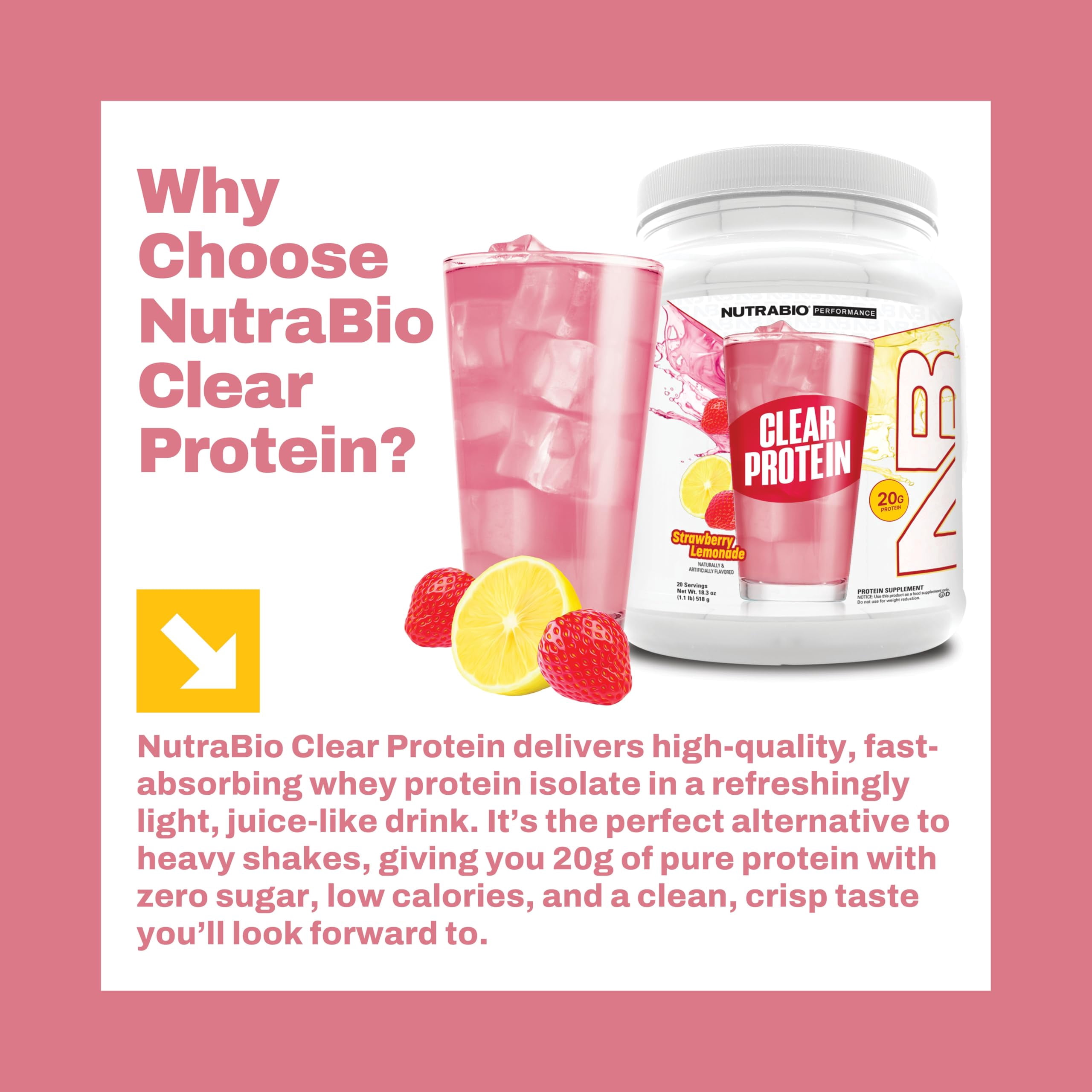 NutraBio Clear Whey Isolate Protein Powder, Delicious & Refreshing Fruit Flavors, Protein Juice, No Milky Taste, No Foam, Zero Sugar, Strawberry Lemonade, 20 Servings