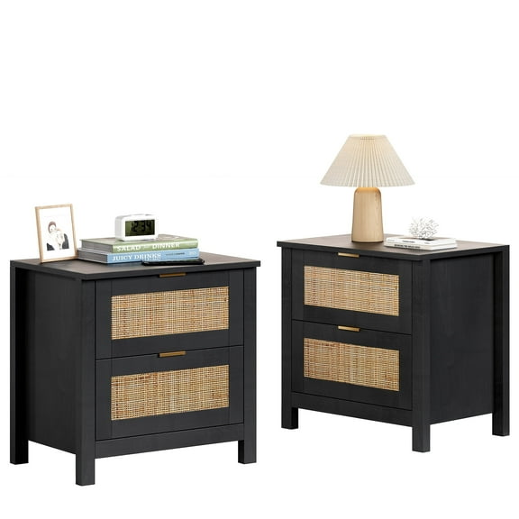 AODAILIHB Accent Bed Side Table, Rattan Night Stands Decor Drawer set of 2, Natural Wood Side Table with Wireless Charging Station, Black