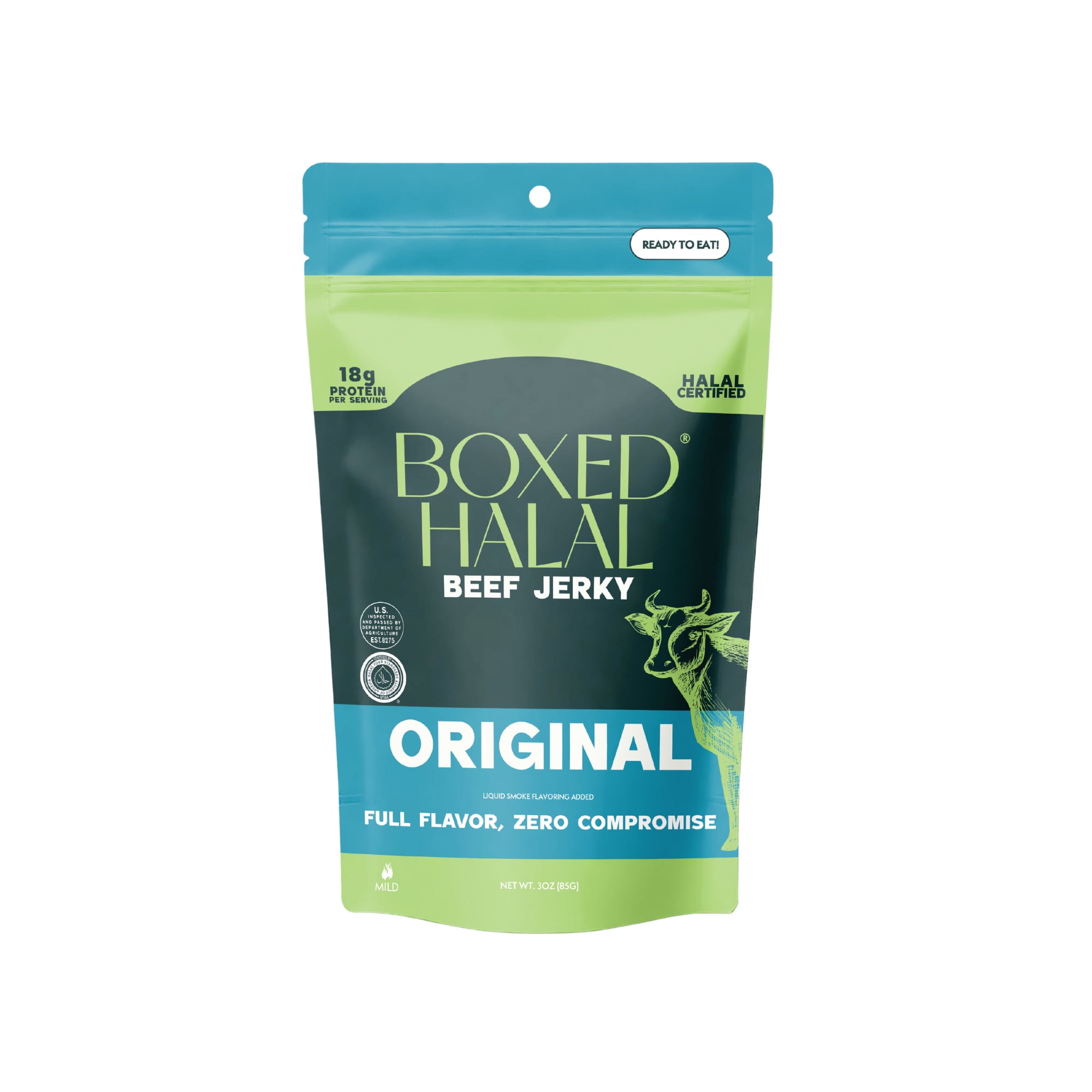 BOXED HALAL Premium 100% Grass-Fed Original Beef Jerky Strips, 13g Protein, , HFSAA Certified Halal, Keto Friendly Snack, 3 Oz. Bags (3 Pack)