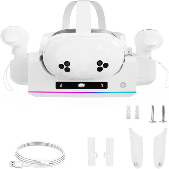 VR Charging Station Compatible with Meta Quest 3S - Fast Dock with LED Indicator and Wall Mount for Headset and Touch Controller-White