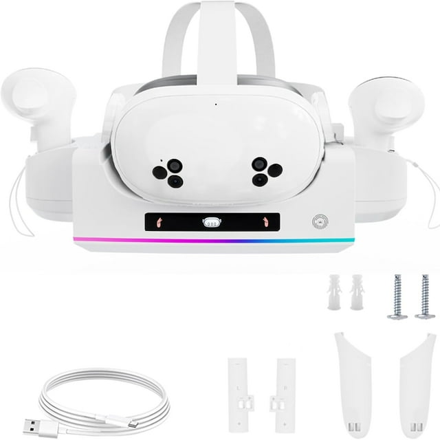 Estación de carga VR compatible con Meta Quest 3s: base de carga rápida con indicador LED y soporte de pared, apta para cascos y mandos táctiles