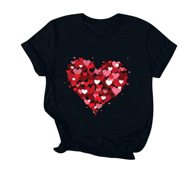 Wlynlyn Hauts pour Femmes de la Saint-Valentin Col Rond Manches Courtes Chemises Imprimé Cœur Haut d'Été Ample T-Shirts Basiques Décontractés m
