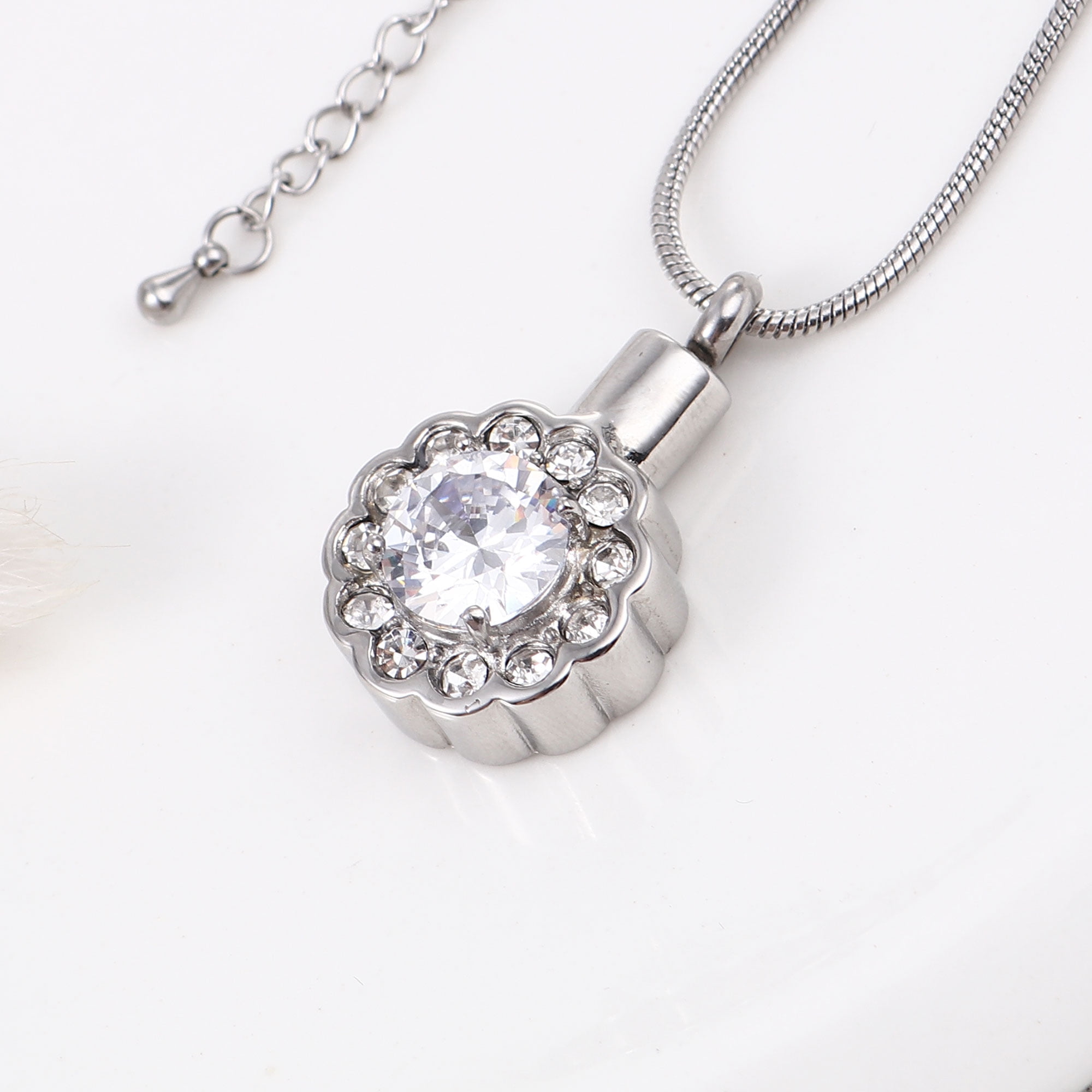 Round Crystal White Beautiful Crystal Rhinestone Flower Cremation Urn Necklace for Human Ashes Stainless Steel Memorial Pendant Keepsake Jewelry with Free Funnel Kit and Velvet Jewelry Box