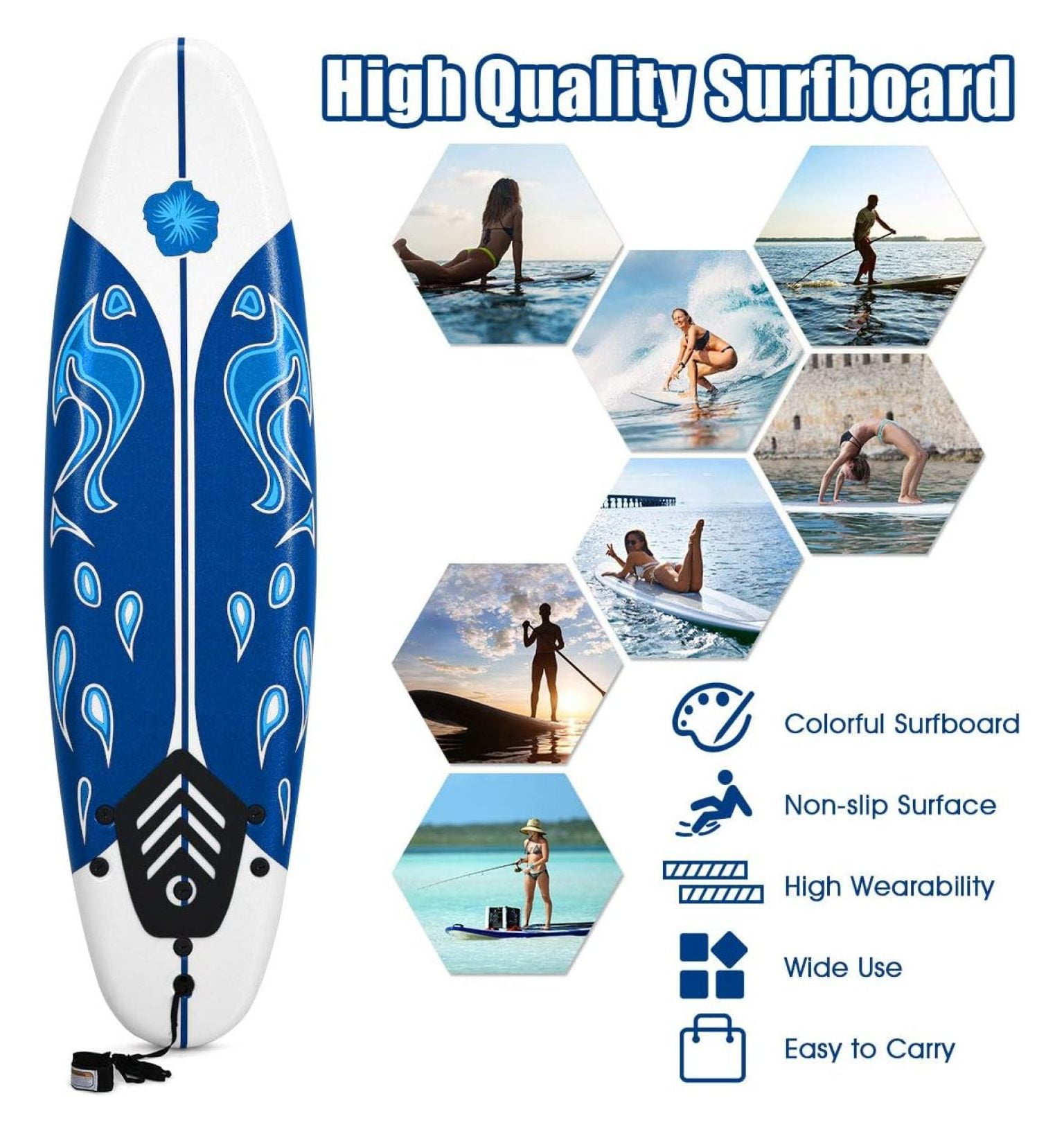 Surfboard, 6FT Stand Up Paddle Board with Removable Fins & Safety Leash, Lightweight Non-Slip Paddle Board for Teenagers, Adult, Beginners
