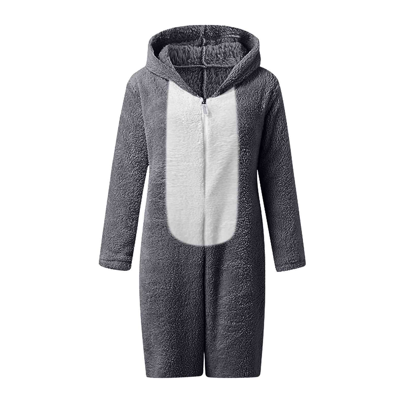 BiZtdJrK Womens Plush Onesies Pajamas Sherpa Fleece Short Jumpsuit Fuzzy Cute Ear Hooded Romper Zipper Sleepwear, Dark Gray, XXXL