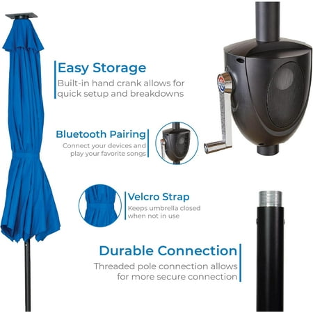 Sun Ray - 9' Round 8Rib Aluminum Bluetooth Solar Lighted Umbrella - Royal Blue