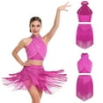 thumbnail image 3 of Aislor Women's 2 Piece Salsa Samba Ballroom Latin Dance Outfits Shiny Crop Top with Fringe Skirt Hot Pink S, 3 of 7