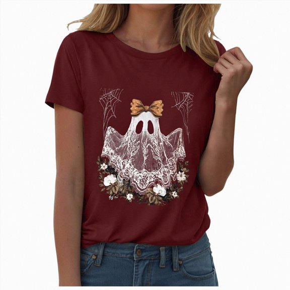 TOWED22 Fall Shirts for Women Halloween Bow Ghost Flower Graphic Tees Spooky Season Tops Cute Autumn Halloween T-Shirt(Wine,XXL)