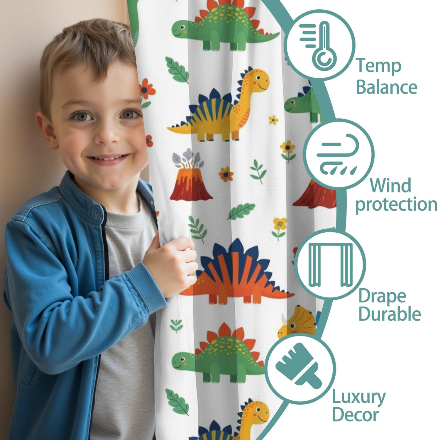 Blackout Kids Curtains,Dinosaur and Volcano Pattern Childrens Insulated Curtains Set Of 2,Bedroom Essentials,Toddler Room Decor 42"x63"