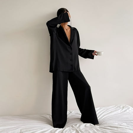 

Pajamas for Women KKCXFJX Women s 2022 Autumn Home Wear Long Sleeve Silk Like Shirt Set Thin Pants Two Piece Pajamas