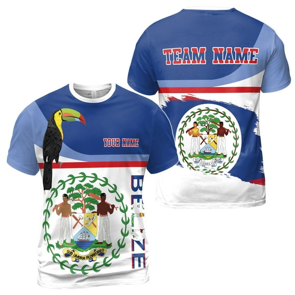 Custom Name Team Name Belize Flag Coat Of Arms Toucan T-shirt S-5XL
